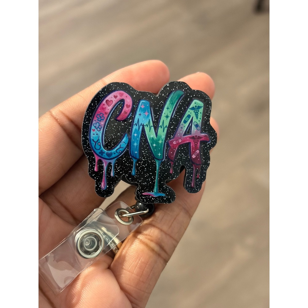 CNA Retractable Badge Reel Colorful Drip Medical Nurse ID Holder Glitter Galaxy